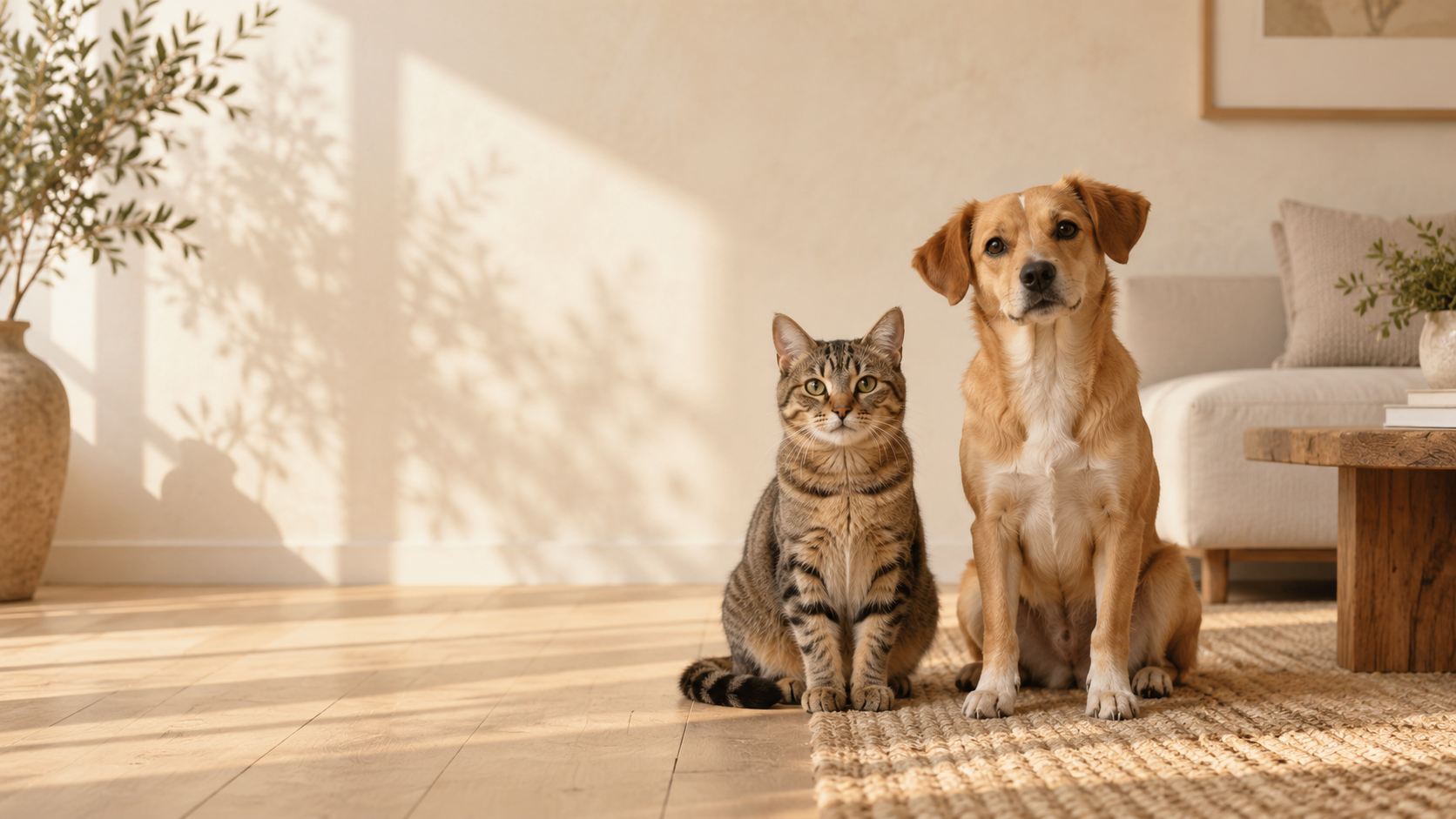Illustrative image of a cat and dog at home; not a product photograph